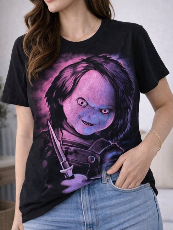 Chucky Tops - Chucky Horror Graphic Tee Black Movie Shirt Neon Purple Blue Size L